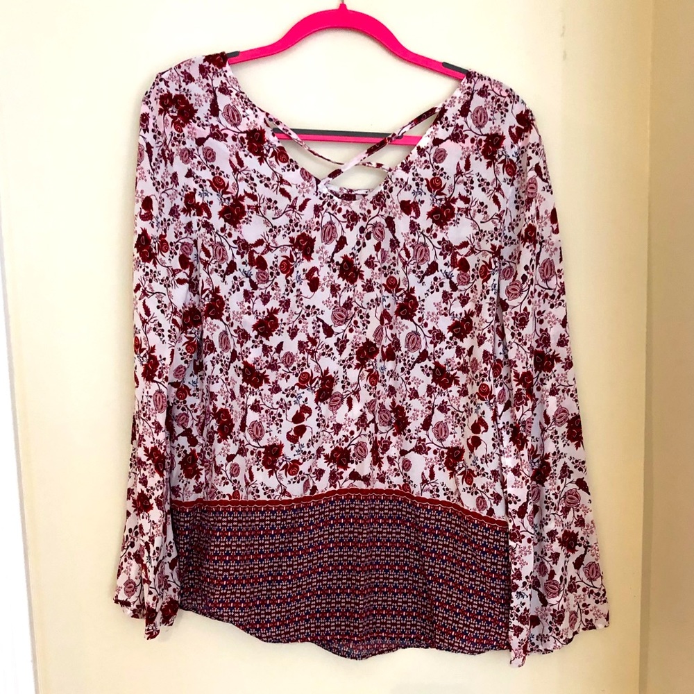 Long sleeve, flowy, rose covered shirt